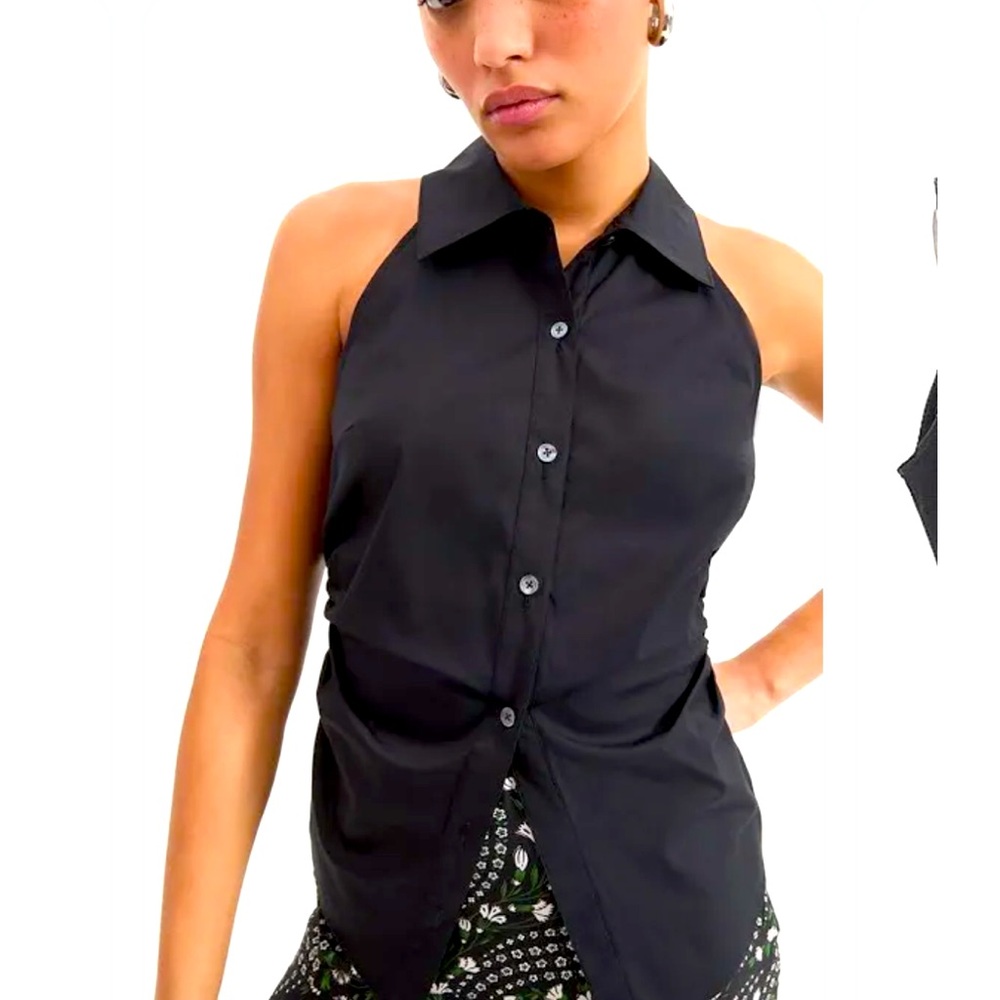 Lafayette 148 black sleeveless linen/cotton button up collared tie back Small